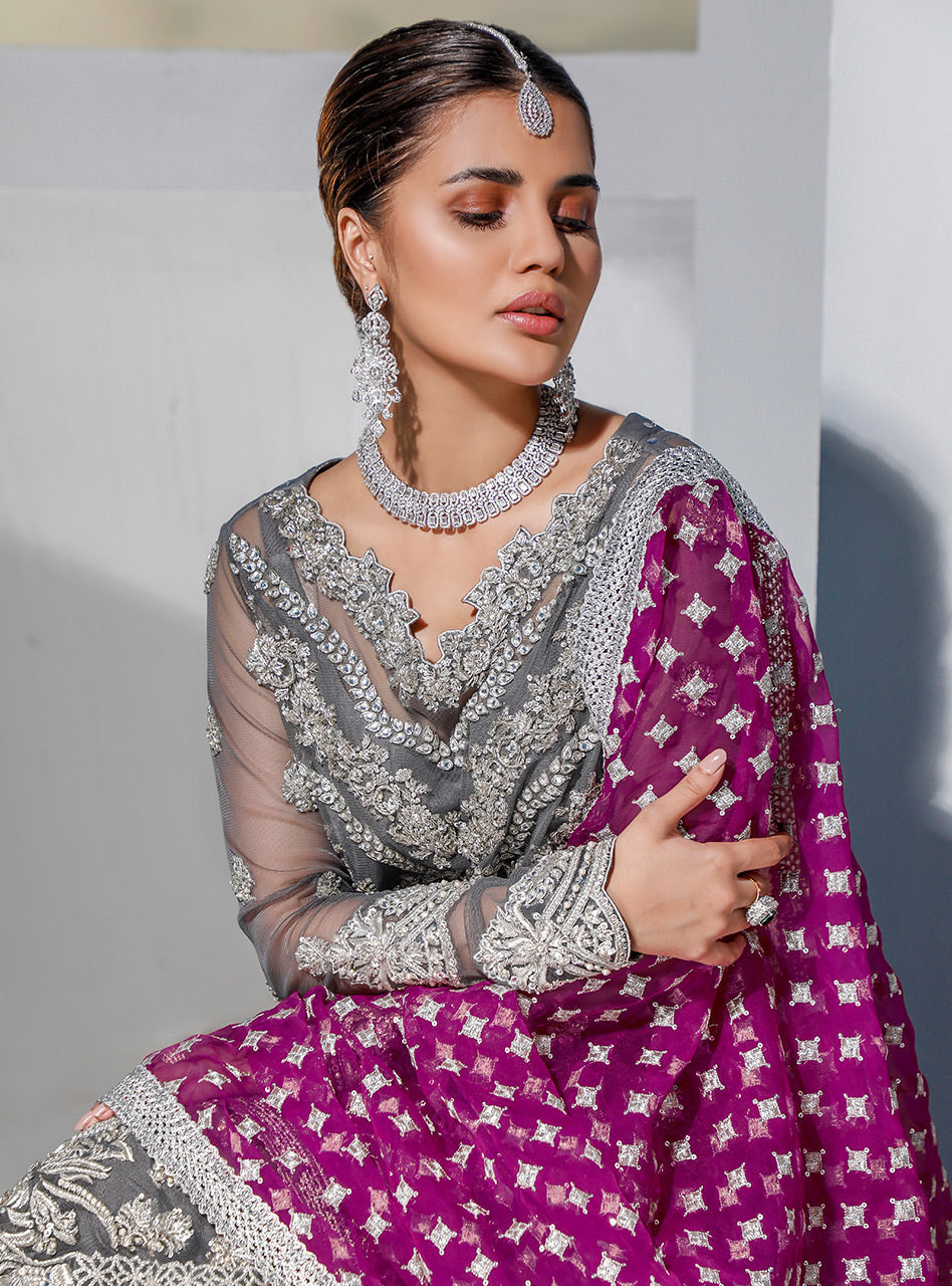 Zainab Chotani organza embroidered 3 piece suit with silk trouser, heavy handwork front, embroidered sleeves, dupatta with 4-side border – festive wear