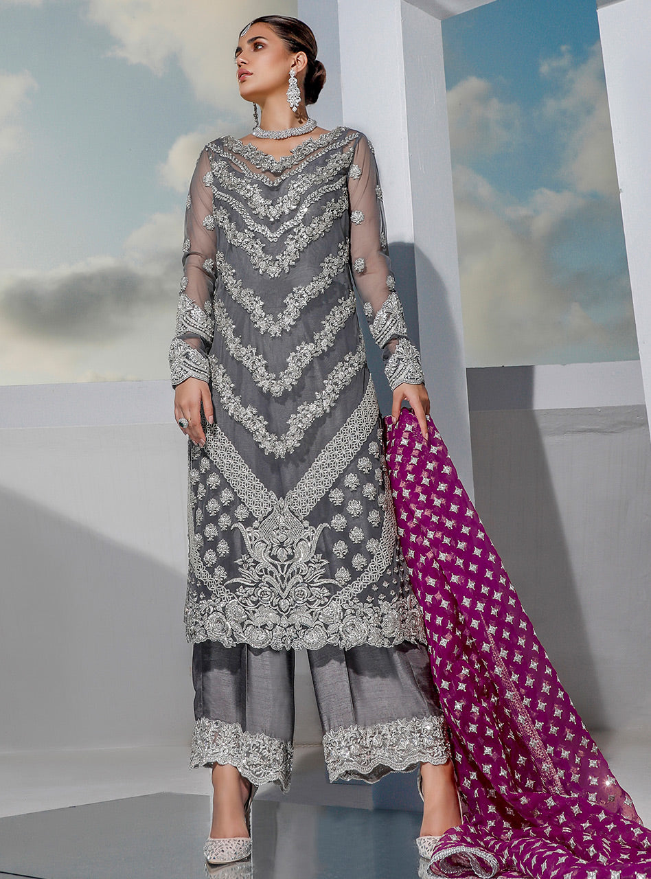 Zainab Chotani organza embroidered 3 piece suit with silk trouser, heavy handwork front, embroidered sleeves, dupatta with 4-side border – festive wear