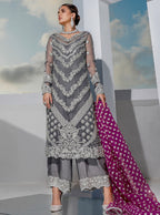 Zainab Chotani organza embroidered 3 piece suit with silk trouser, heavy handwork front, embroidered sleeves, dupatta with 4-side border – festive wear