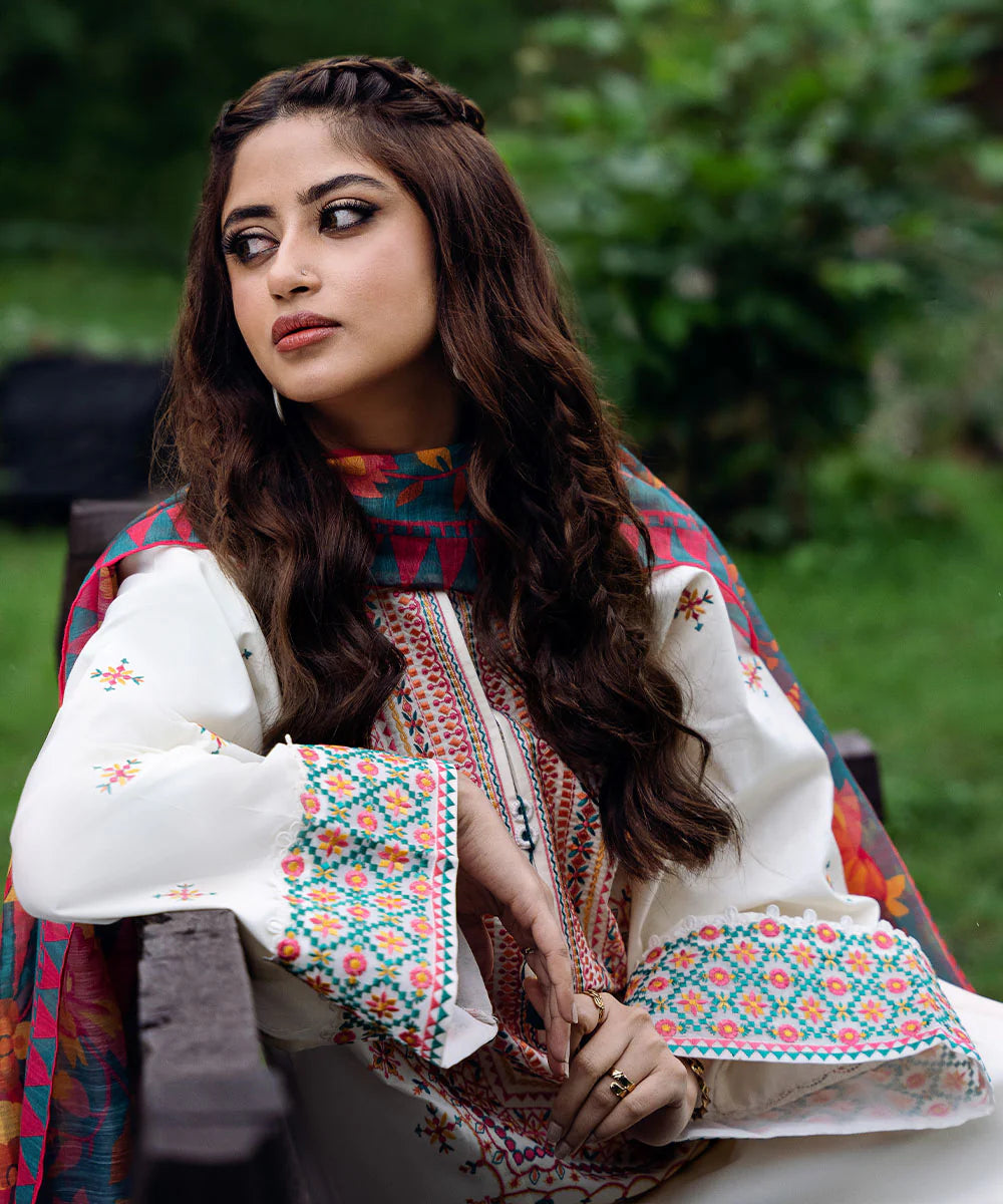 Sapphire Dhanak Embroidered 3PC with Wool Shawl – Winter Collection 2025
