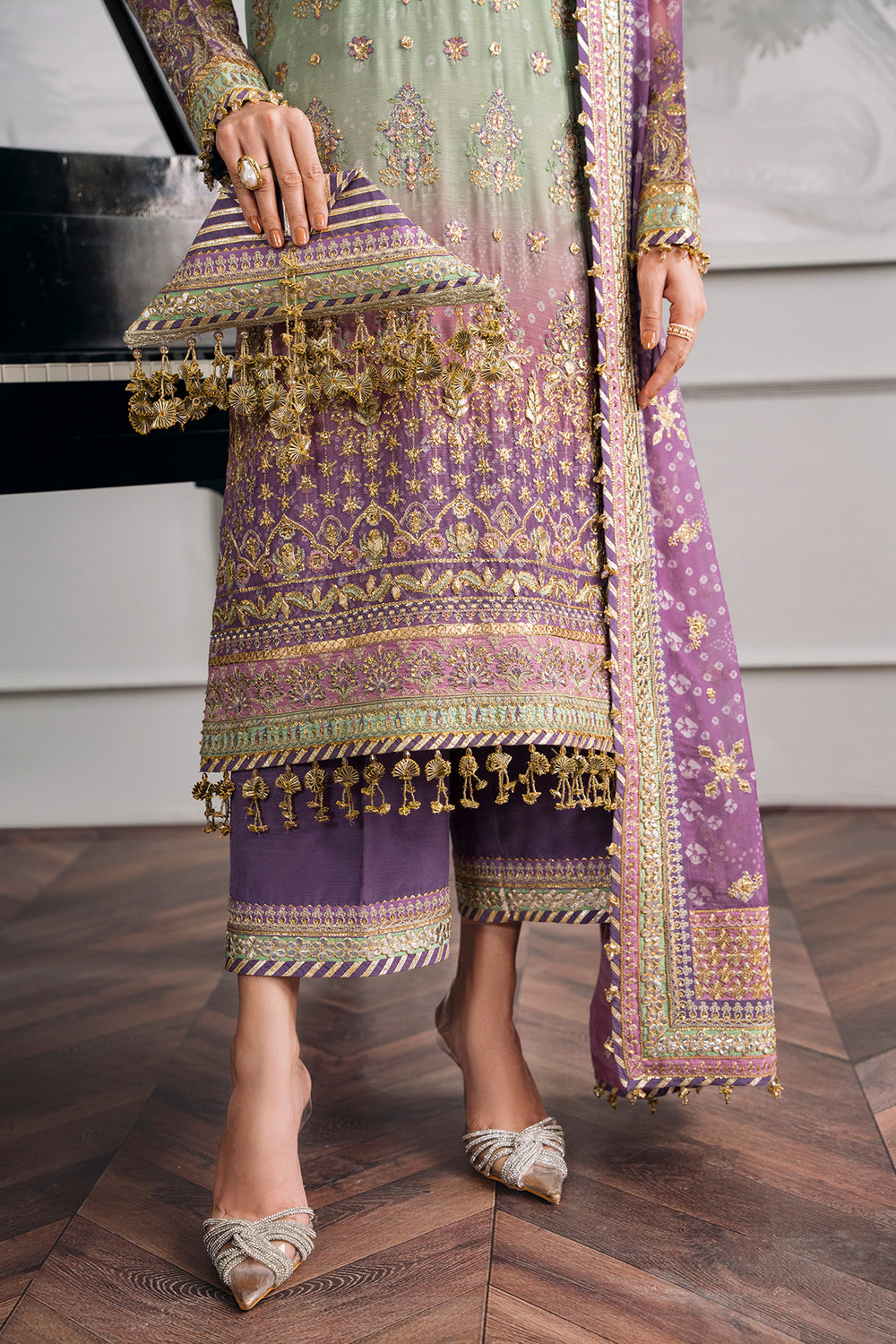 Baroque chiffon embroidered unstitched replica suit with sequence & adda work, silk trouser