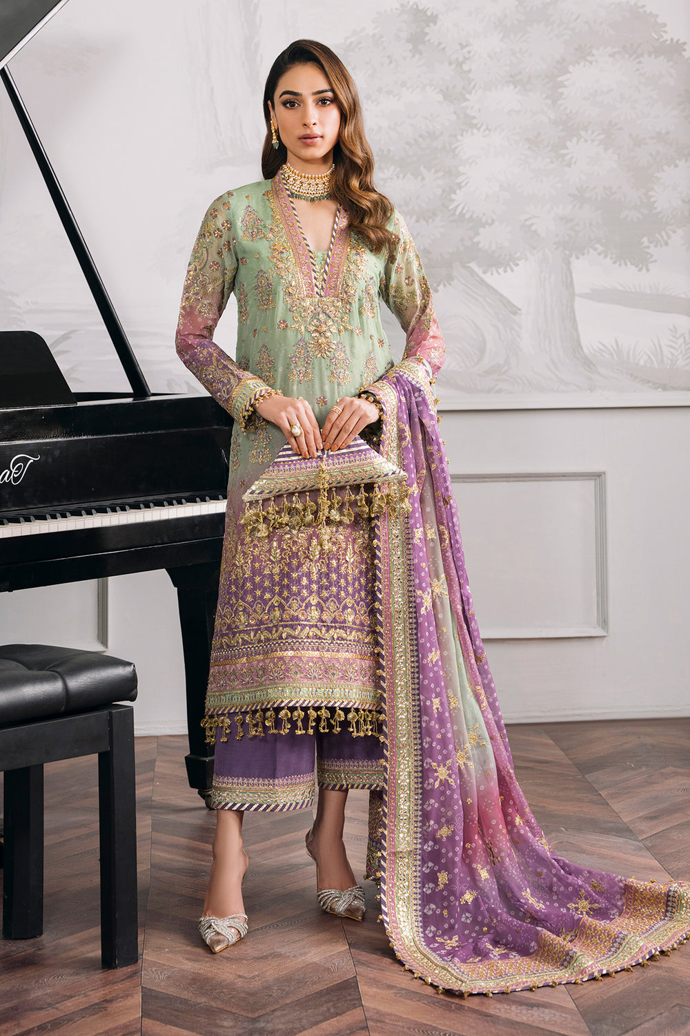 Baroque chiffon embroidered unstitched replica suit with sequence & adda work, silk trouser