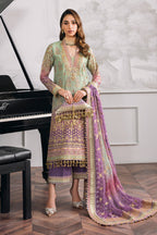 Baroque chiffon embroidered unstitched replica suit with sequence & adda work, silk trouser