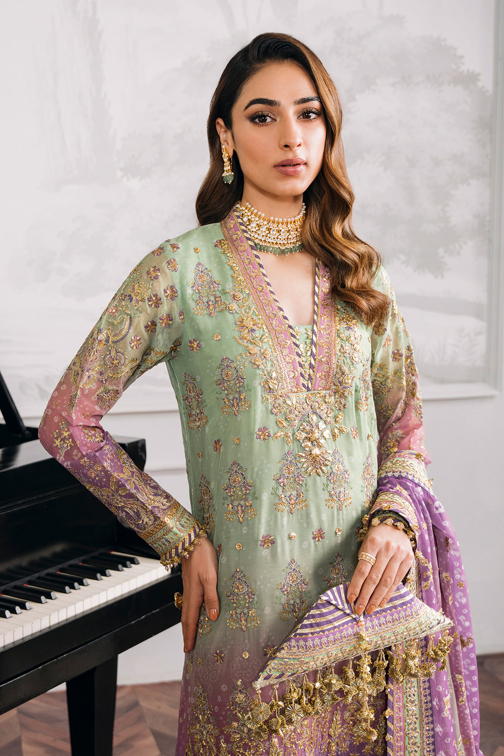Baroque chiffon embroidered unstitched replica suit with sequence & adda work, silk trouser