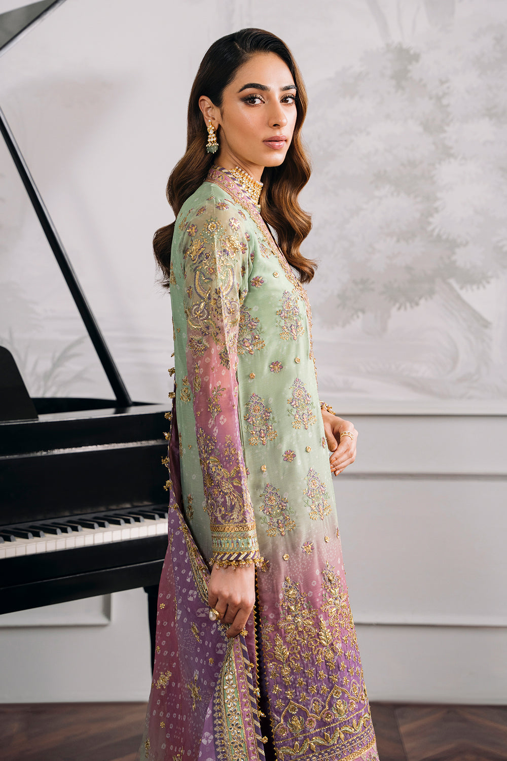 Baroque chiffon embroidered unstitched replica suit with sequence & adda work, silk trouser