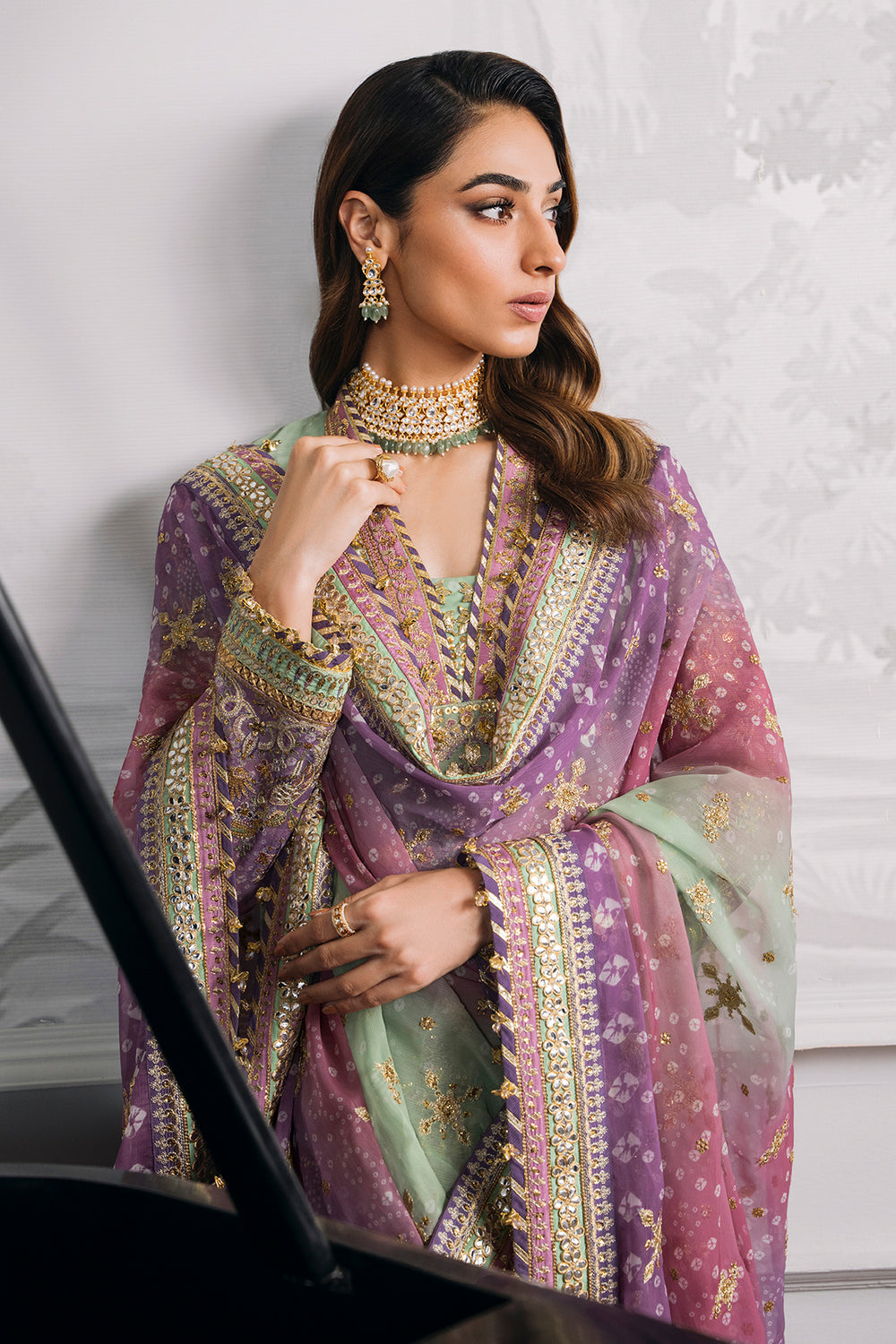 Baroque chiffon embroidered unstitched replica suit with sequence & adda work, silk trouser
