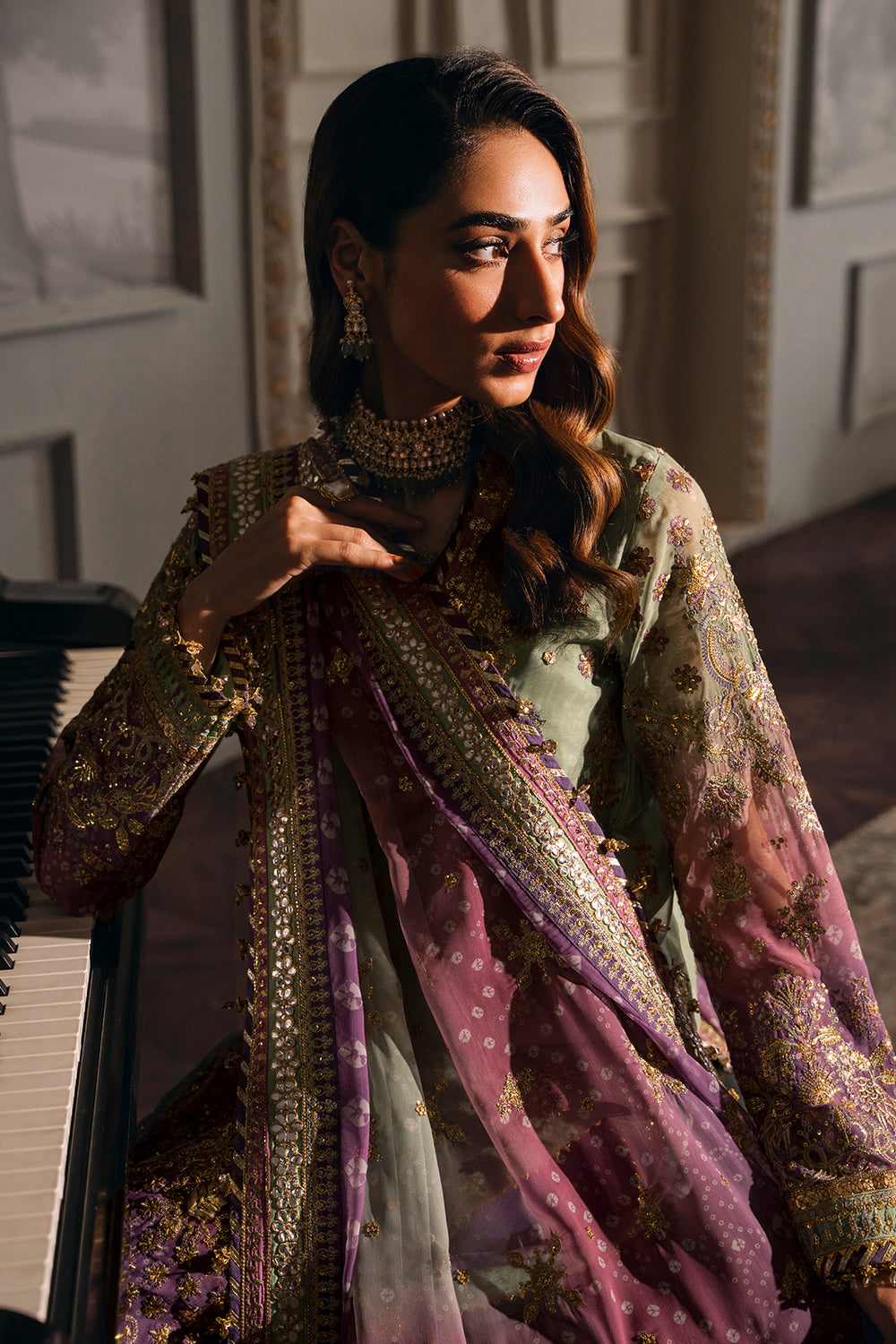 Baroque chiffon embroidered unstitched replica suit with sequence & adda work, silk trouser