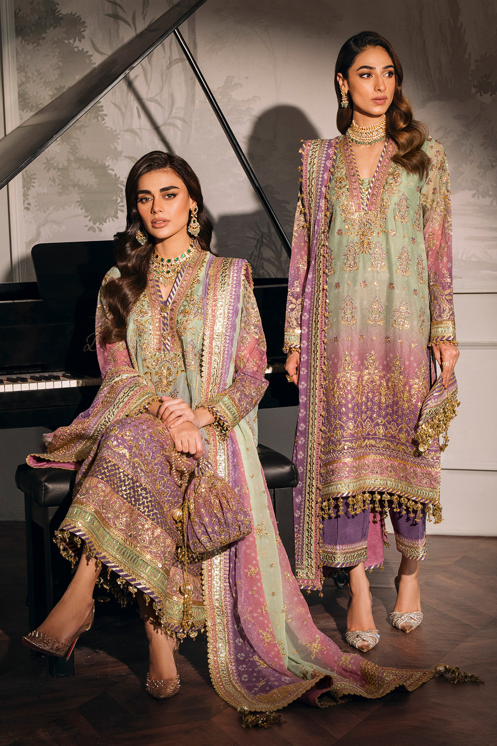 Baroque chiffon embroidered unstitched replica suit with sequence & adda work, silk trouser