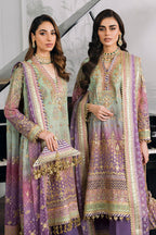 Baroque chiffon embroidered unstitched replica suit with sequence & adda work, silk trouser