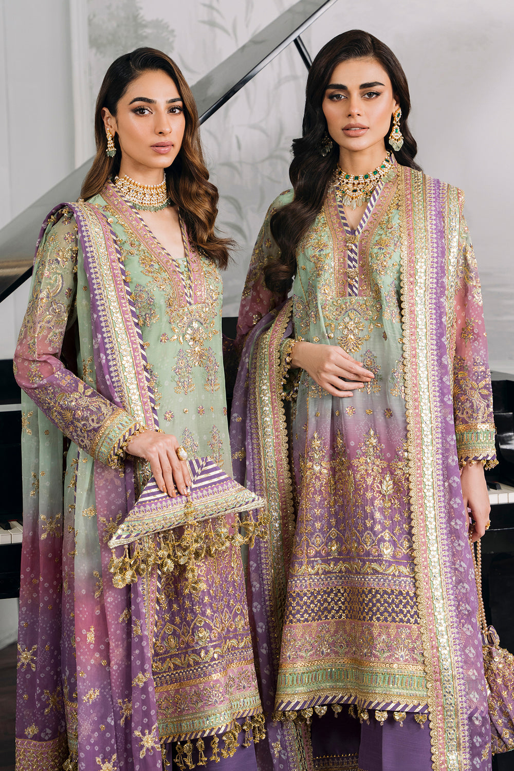 Baroque chiffon embroidered unstitched replica suit with sequence & adda work, silk trouser