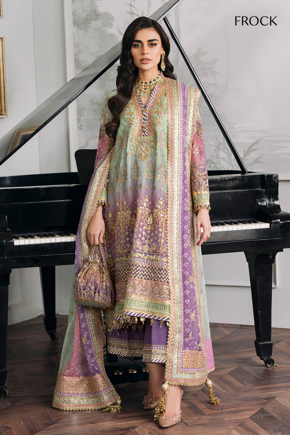 Baroque chiffon embroidered unstitched replica suit with sequence & adda work, silk trouser
