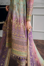 Baroque chiffon embroidered unstitched replica suit with sequence & adda work, silk trouser