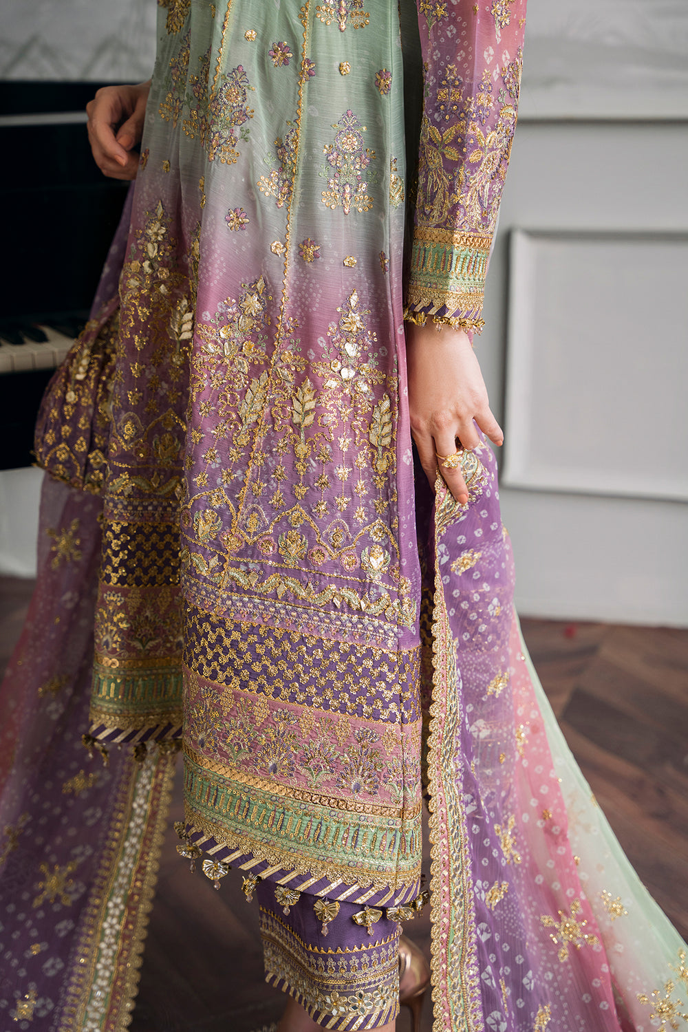 Baroque chiffon embroidered unstitched replica suit with sequence & adda work, silk trouser