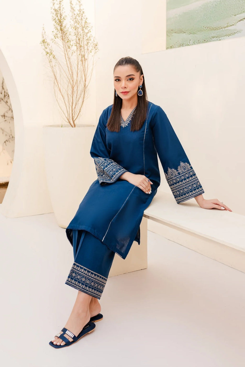 Zara Shahjahan Dhanak 2PC suit with embroidered sleeves, neck patch, plain back, and trouser with patches – Winter 2025.