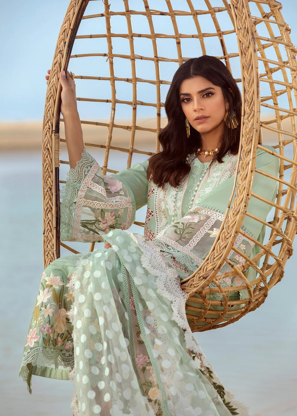 Crimson SEAFOAM Luxury Lawn 3pc embroidered suit with chikankari fabric, jacquard dupatta, and heavy embroidered cutwork details.