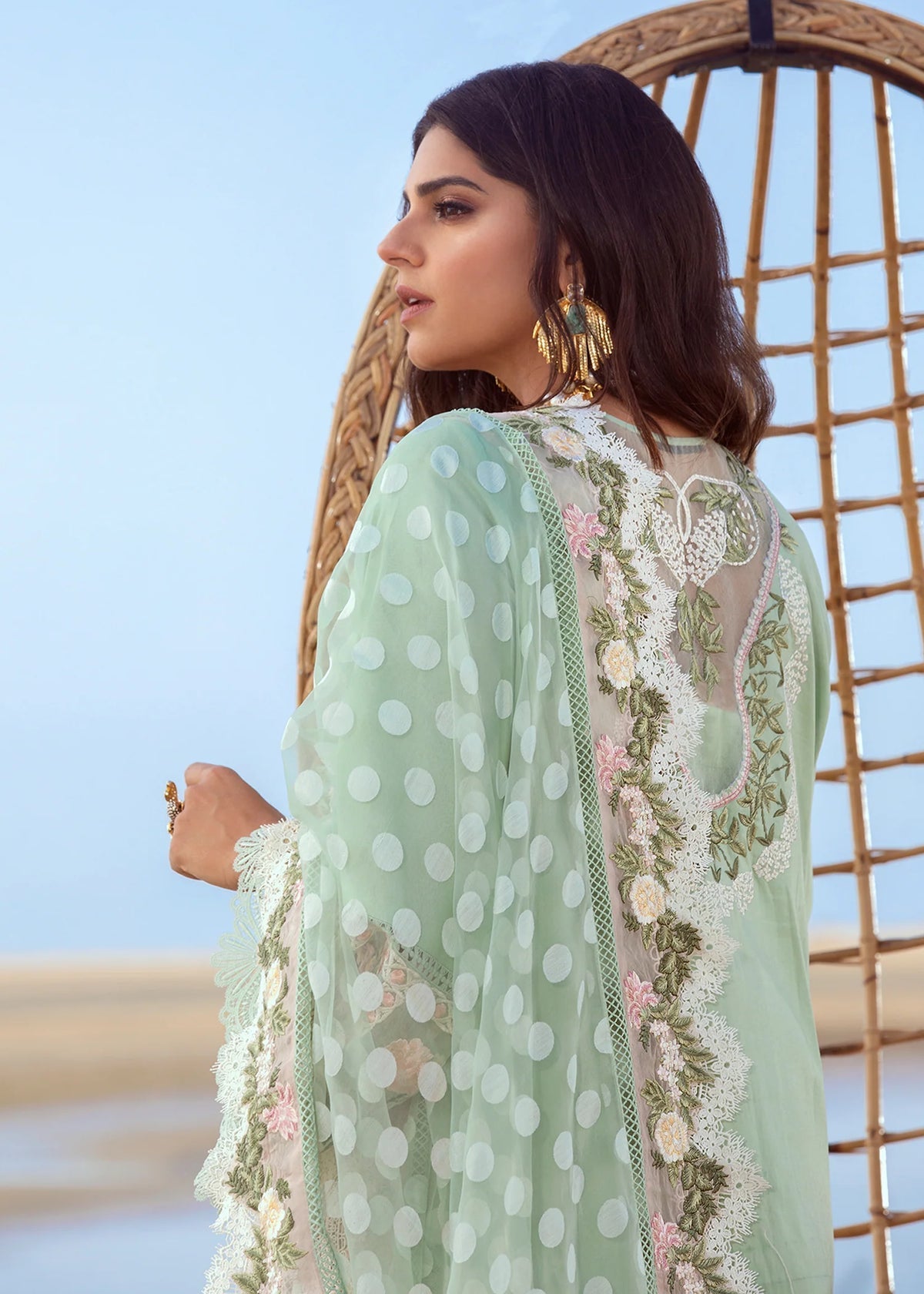 Crimson SEAFOAM Luxury Lawn 3pc embroidered suit with chikankari fabric, jacquard dupatta, and heavy embroidered cutwork details.
