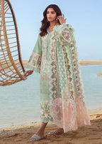 Crimson SEAFOAM Luxury Lawn 3pc embroidered suit with chikankari fabric, jacquard dupatta, and heavy embroidered cutwork details.