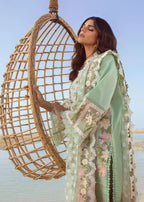 Crimson SEAFOAM Luxury Lawn 3pc embroidered suit with chikankari fabric, jacquard dupatta, and heavy embroidered cutwork details.