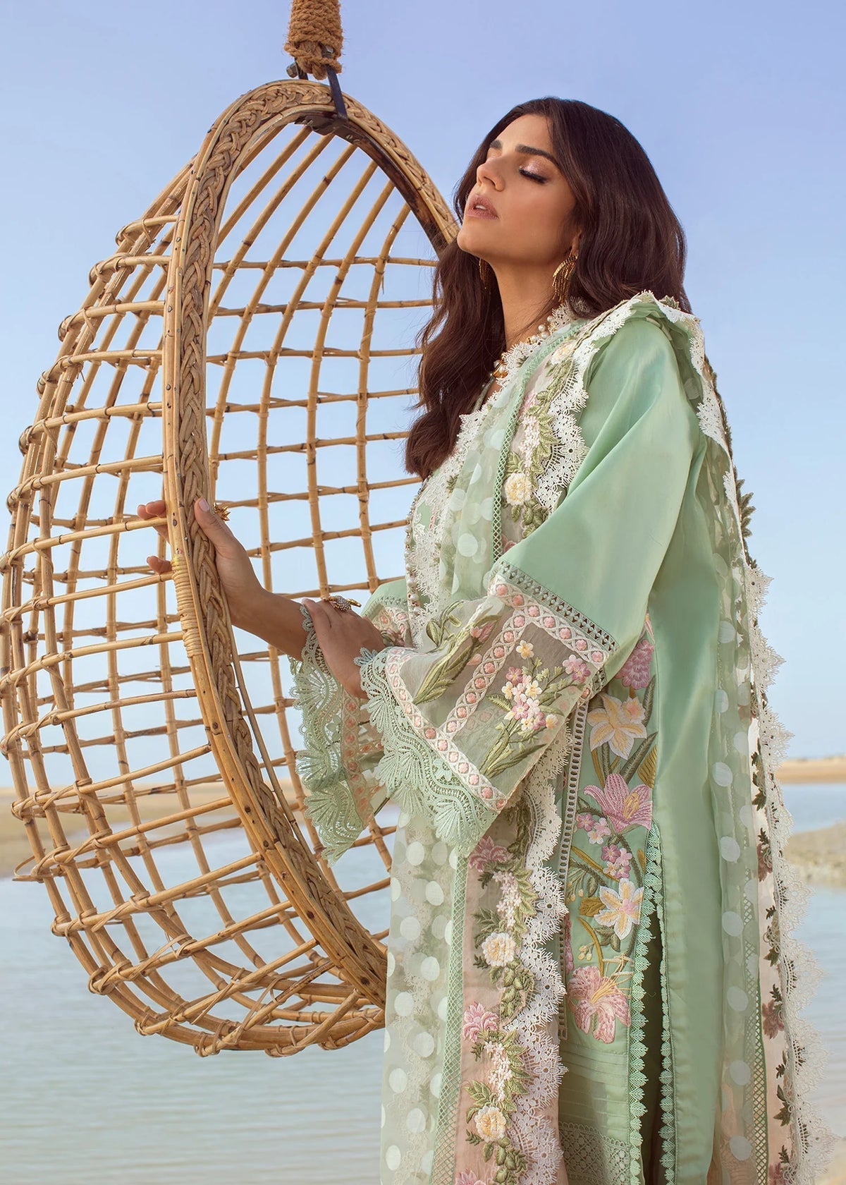 Crimson SEAFOAM Luxury Lawn 3pc embroidered suit with chikankari fabric, jacquard dupatta, and heavy embroidered cutwork details.