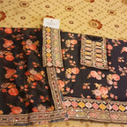 Aneela’s Collection Shamooz Silk 3PC embroidered suit with digital printed shirt, embroidered borders, and silk dupatta with 4-side cut work border.
