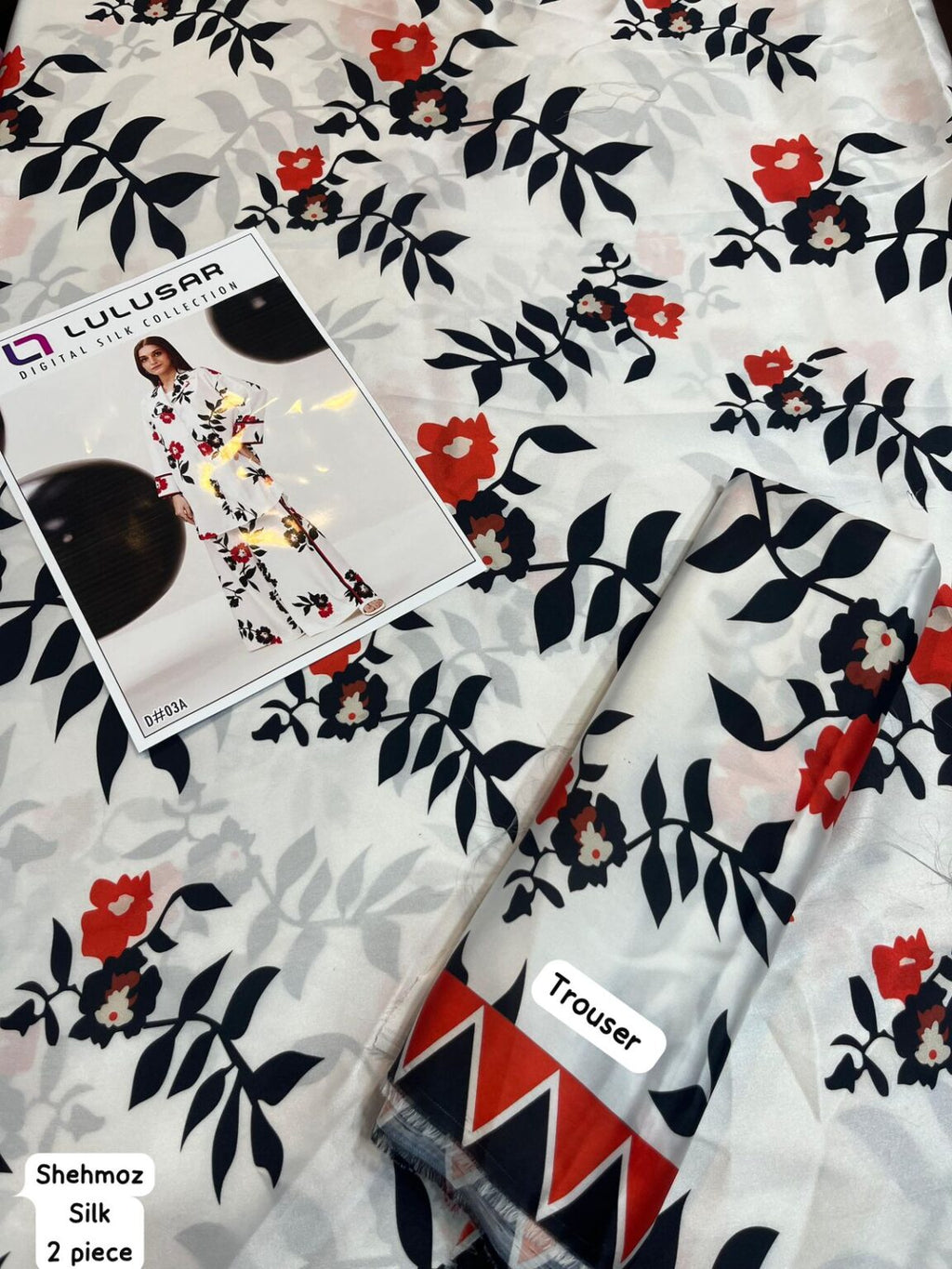 Lulusar Shamooz Silk 2PC unstitched digital printed dress with silk shirt, back, sleeves, and trouser