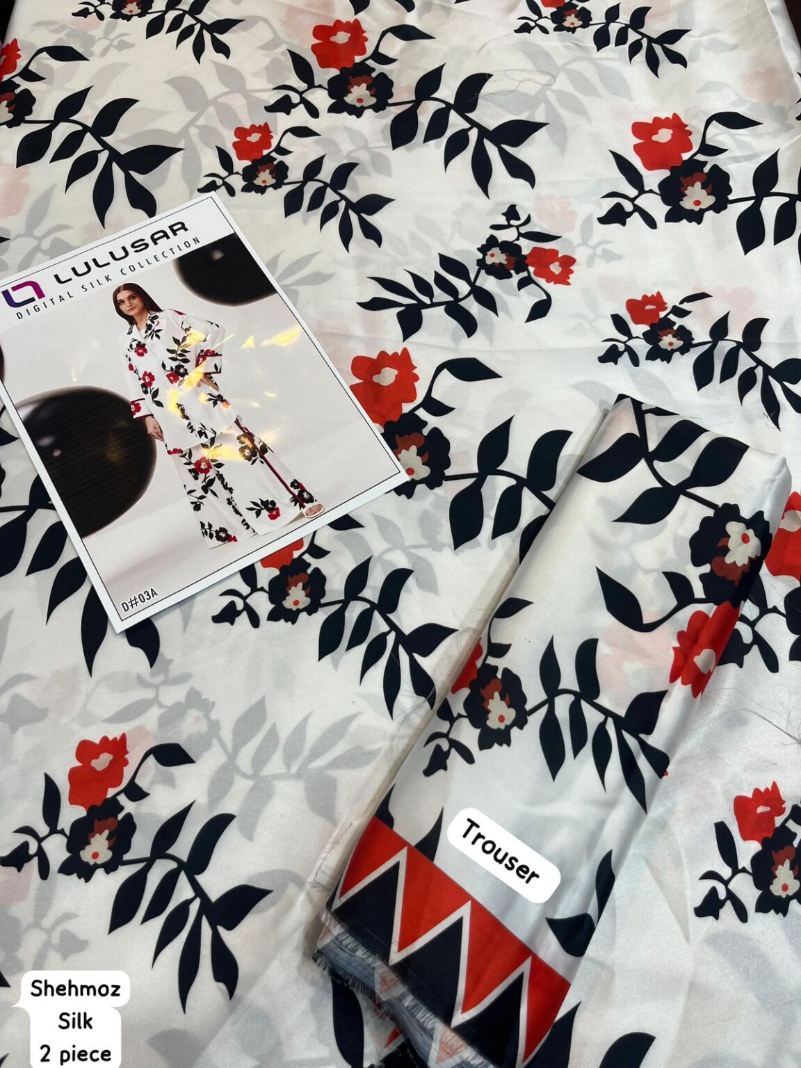 Lulusar Shamooz Silk 2PC unstitched digital printed dress with silk shirt, back, sleeves, and trouser