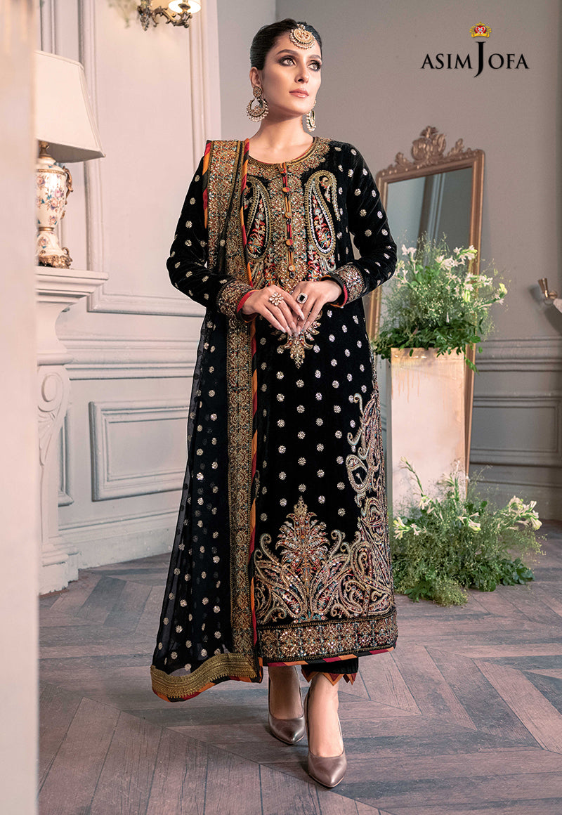 Asim Jofa Zimmil Micro Velvet 9000 luxury embroidered 3pc suit with net dupatta and silk trouser – RS Royal Fashion.
