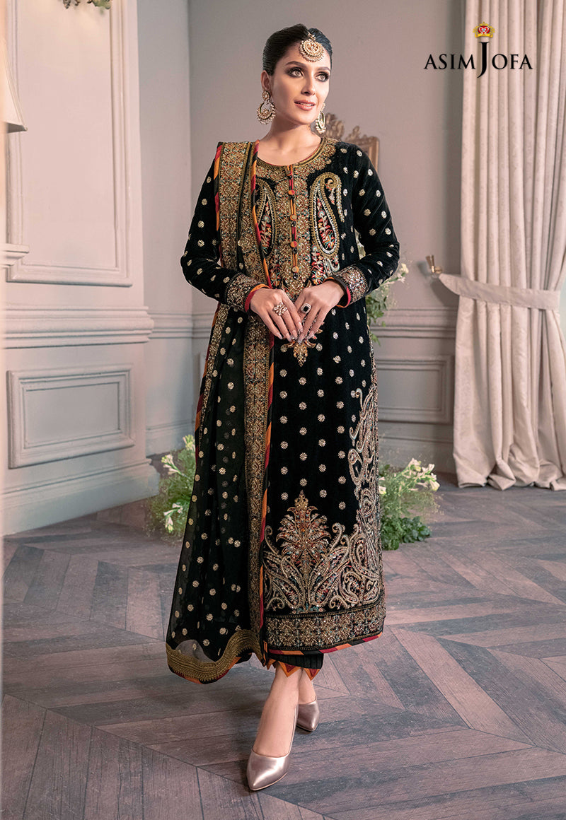 Asim Jofa Zimmil Micro Velvet 9000 luxury embroidered 3pc suit with net dupatta and silk trouser – RS Royal Fashion.
