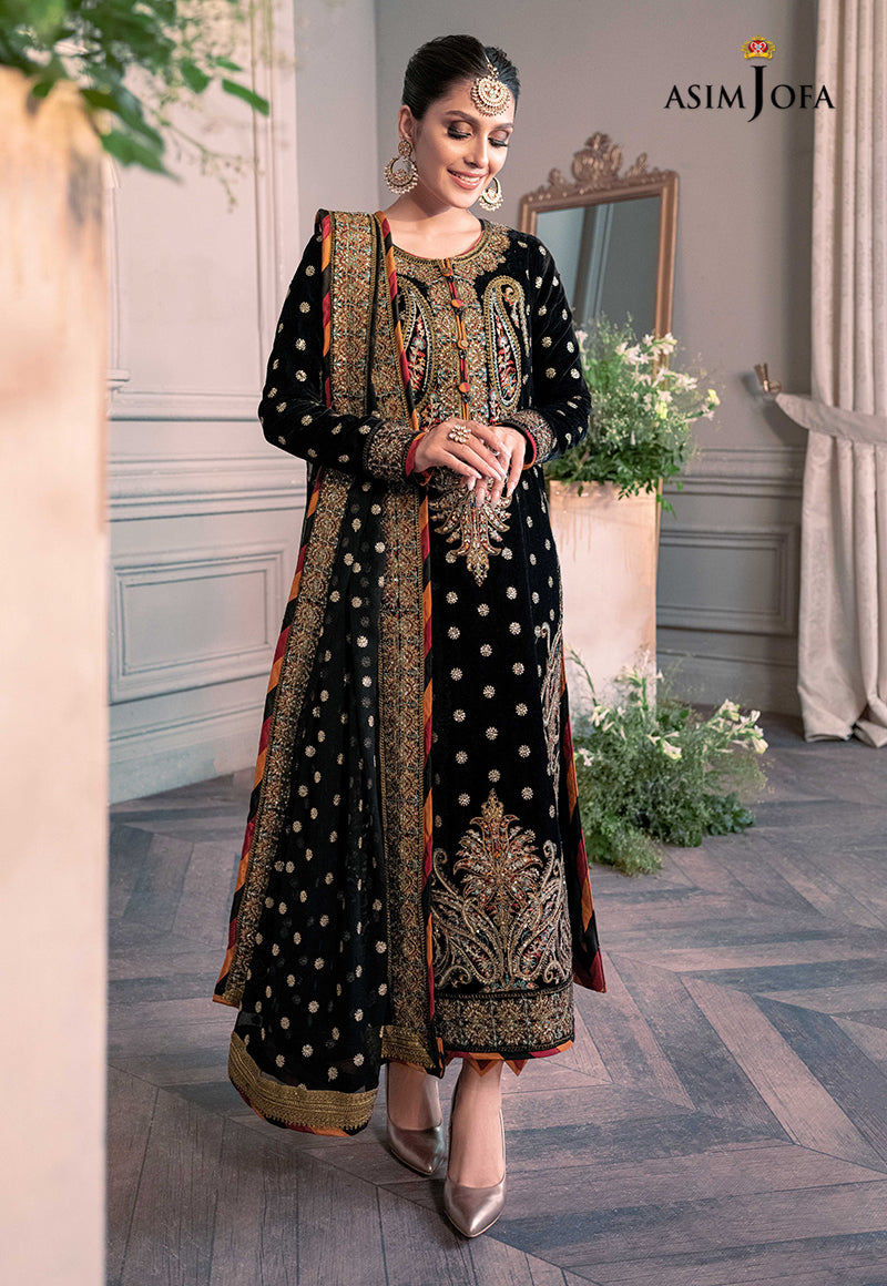 Asim Jofa Zimmil Micro Velvet 9000 luxury embroidered 3pc suit with net dupatta and silk trouser – RS Royal Fashion.
