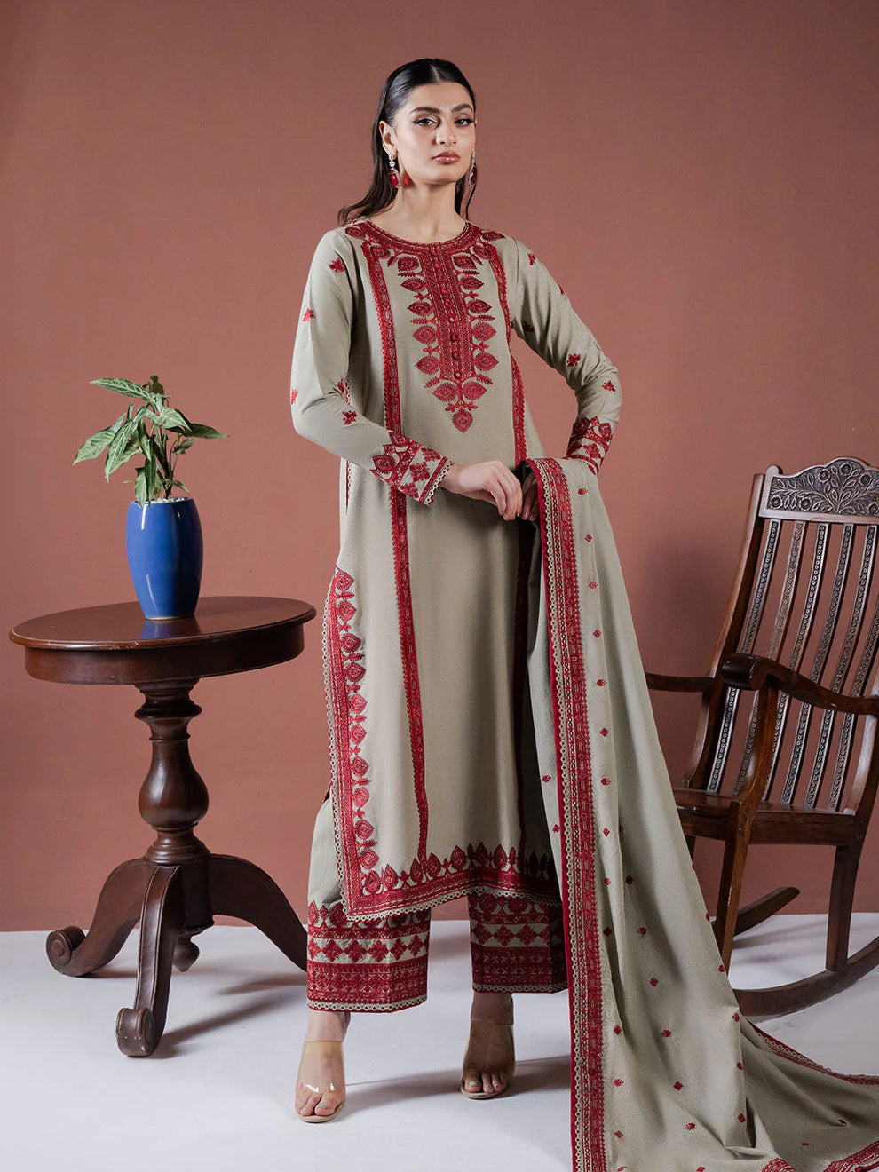 Asim Jofa Winter Dhanak embroidered 3pc suit with embroidered shawl