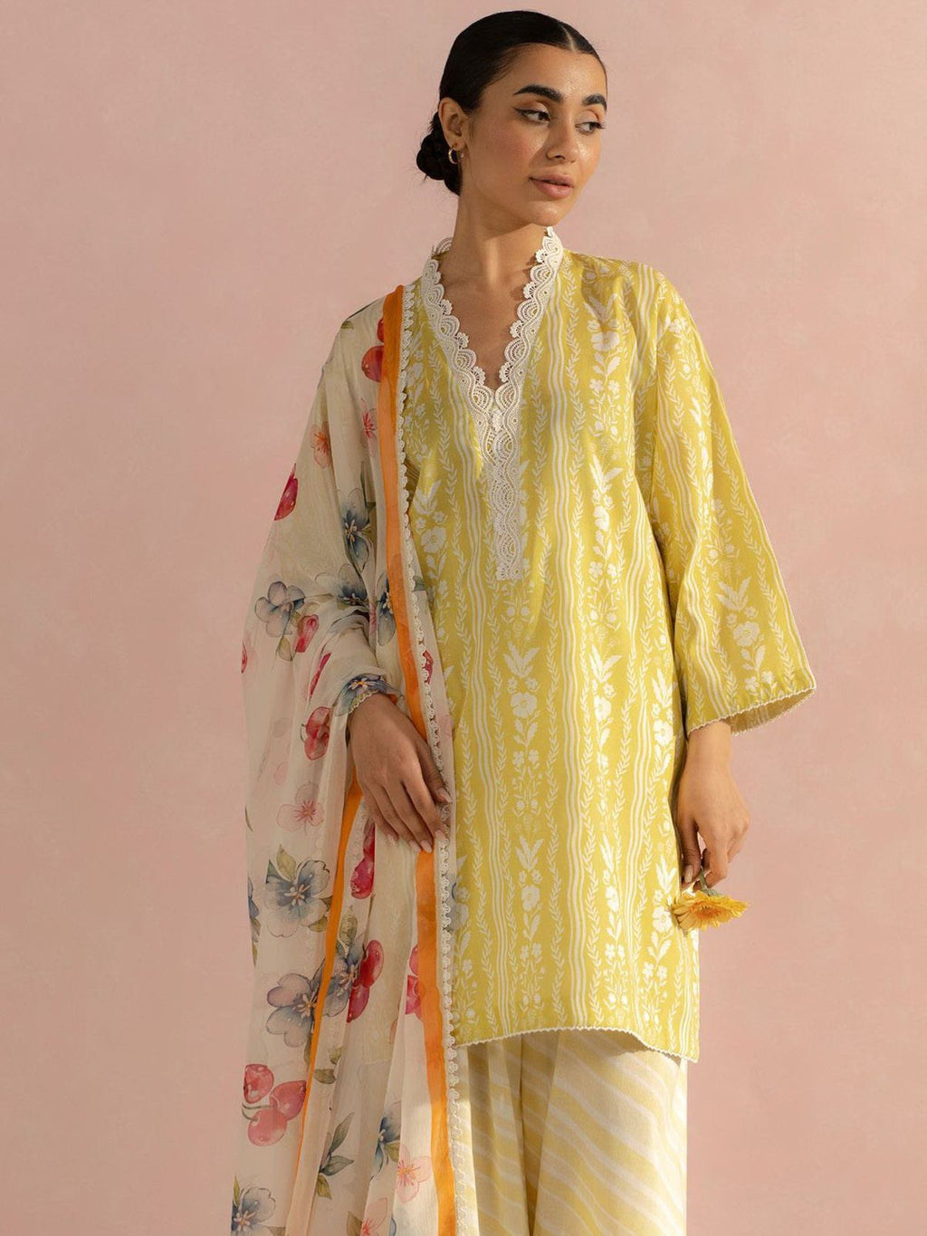 Coco by Zara Shahjahan 3PC unstitched silk suit with embroidered neck patch, digital print dupatta, and silk digital printed front, back & sleeves.