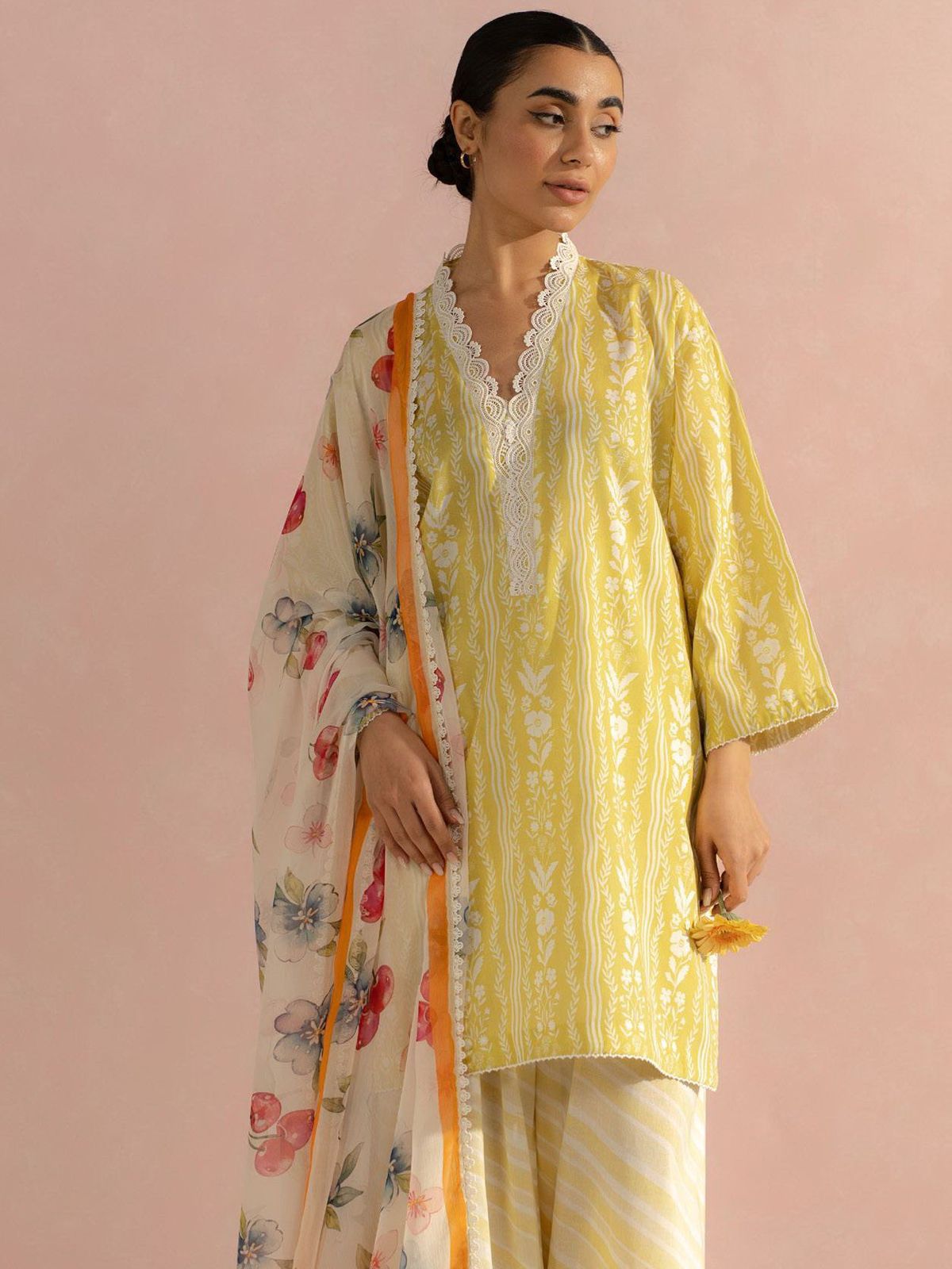 Coco by Zara Shahjahan 3PC unstitched silk suit with embroidered neck patch, digital print dupatta, and silk digital printed front, back & sleeves.
