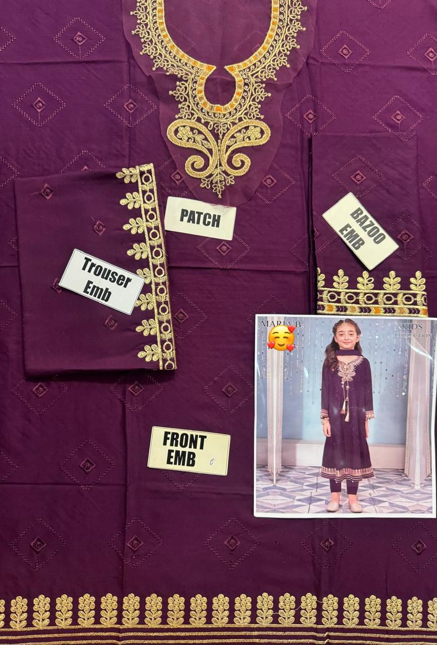 Maria B Kids Collection 2025 – Embroidered Linen 2Pc Suit for girls aged 8–10 years, front embroidered shirt & trouser