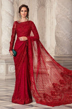Maria B Couture Red Saree MC-051 with pearls, sequins, diamantes, floral appliqués & cutwork – Luxury Embroidered Saree 2025