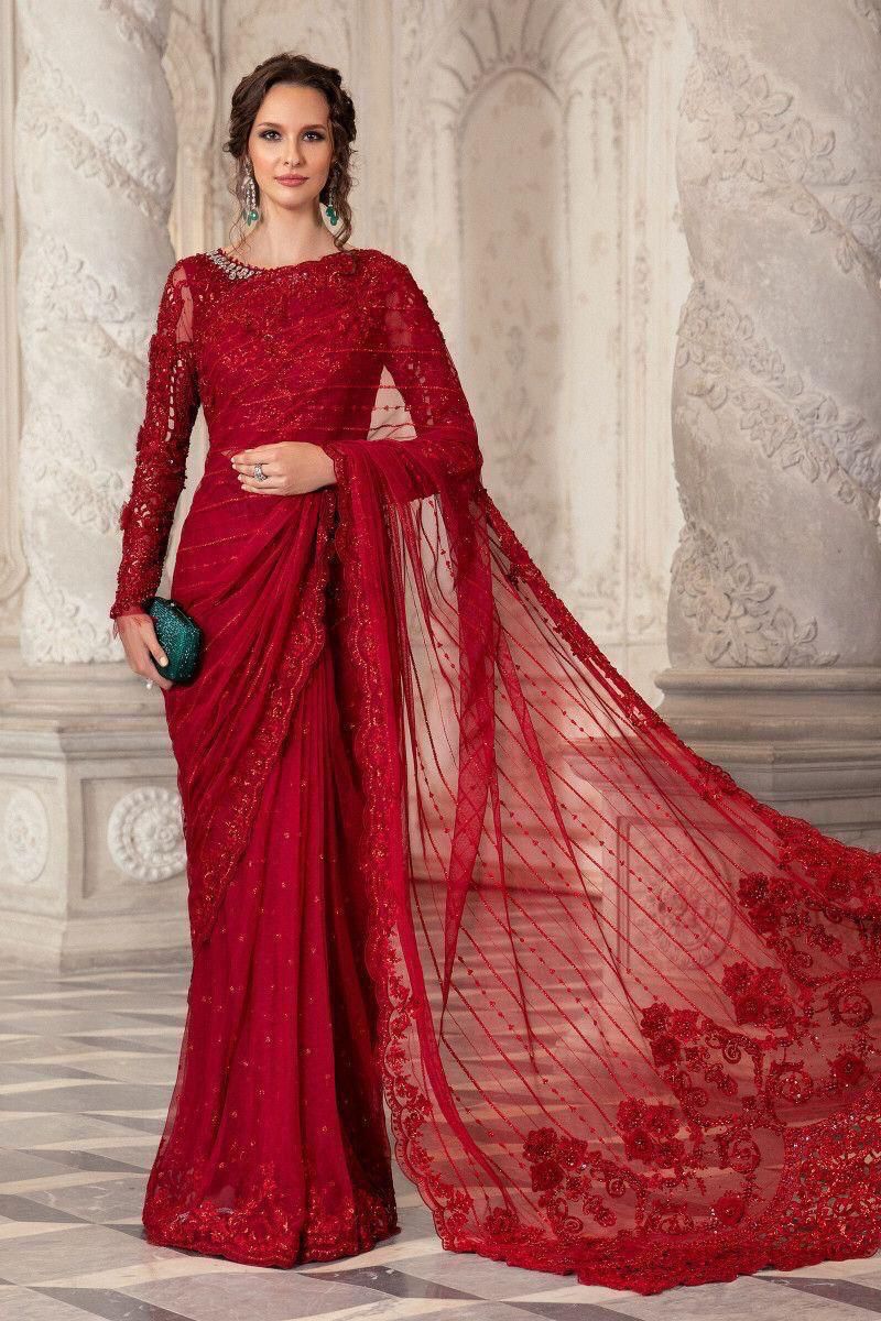 Maria B Couture Red Saree MC-051 with pearls, sequins, diamantes, floral appliqués & cutwork – Luxury Embroidered Saree 2025