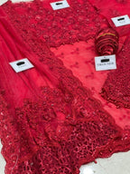 Maria B Couture Red Saree MC-051 with pearls, sequins, diamantes, floral appliqués & cutwork – Luxury Embroidered Saree 2025