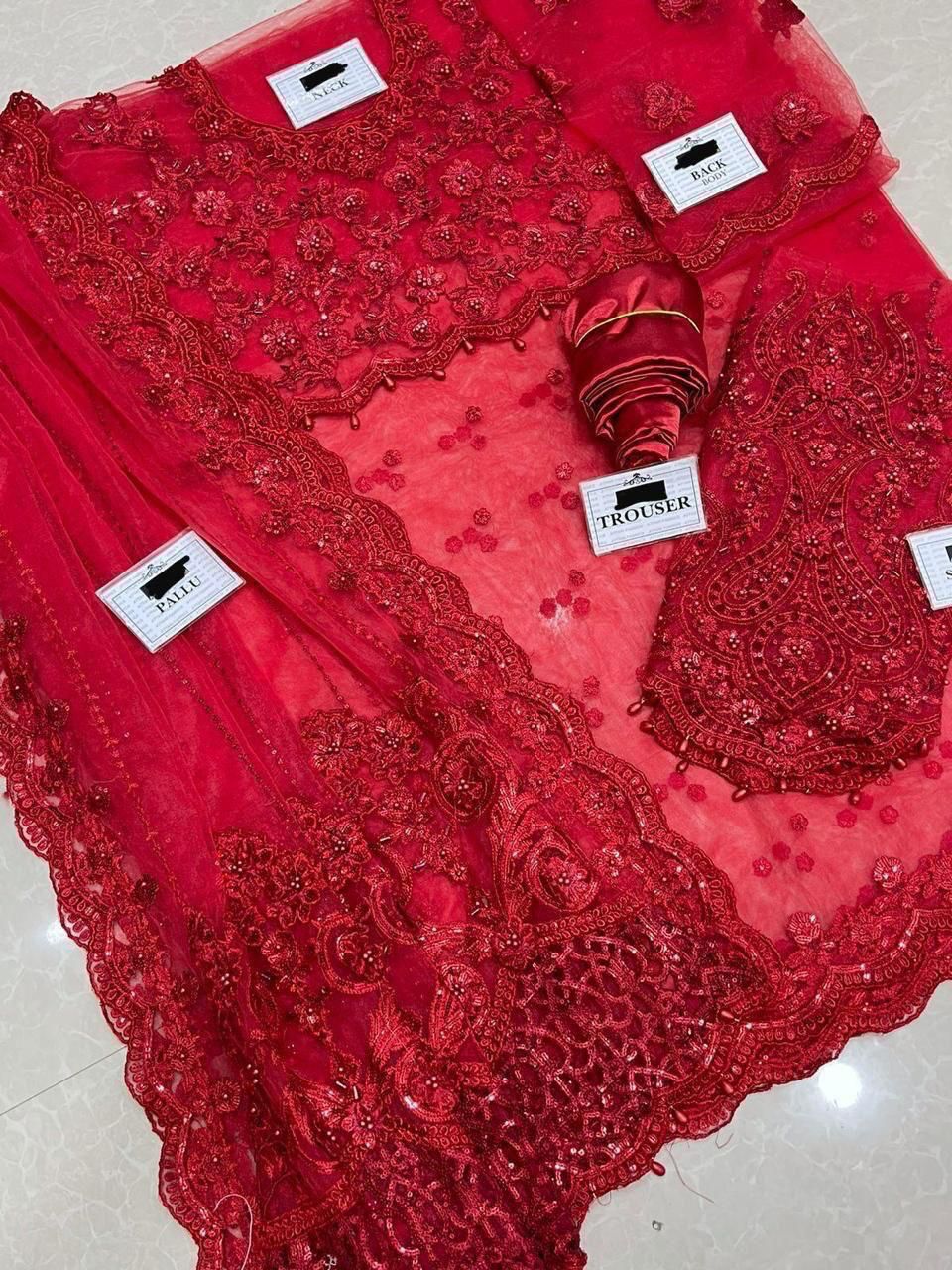 Maria B Couture Red Saree MC-051 with pearls, sequins, diamantes, floral appliqués & cutwork – Luxury Embroidered Saree 2025