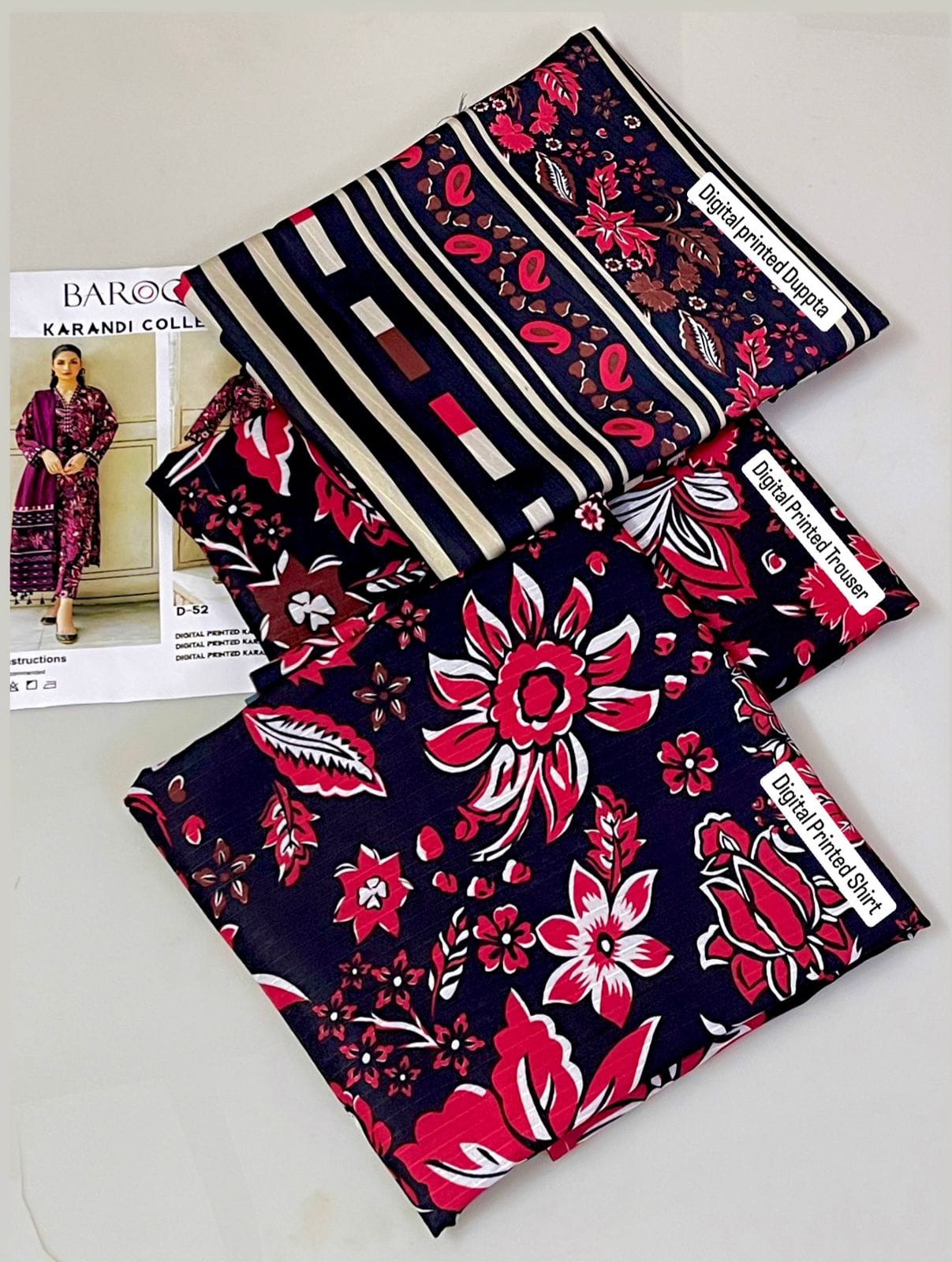 Baroque Bana Dori Karandi 2025 – Digital Printed Karandi 3Pc Suit with shirt, sleeves, trouser, and dupatta