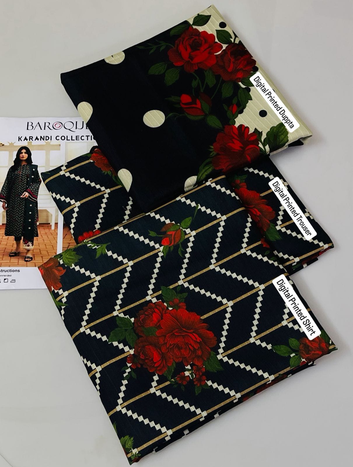 Baroque Bana Dori Karandi 2025 – Digital Printed Karandi 3Pc Suit with shirt, sleeves, trouser, and du