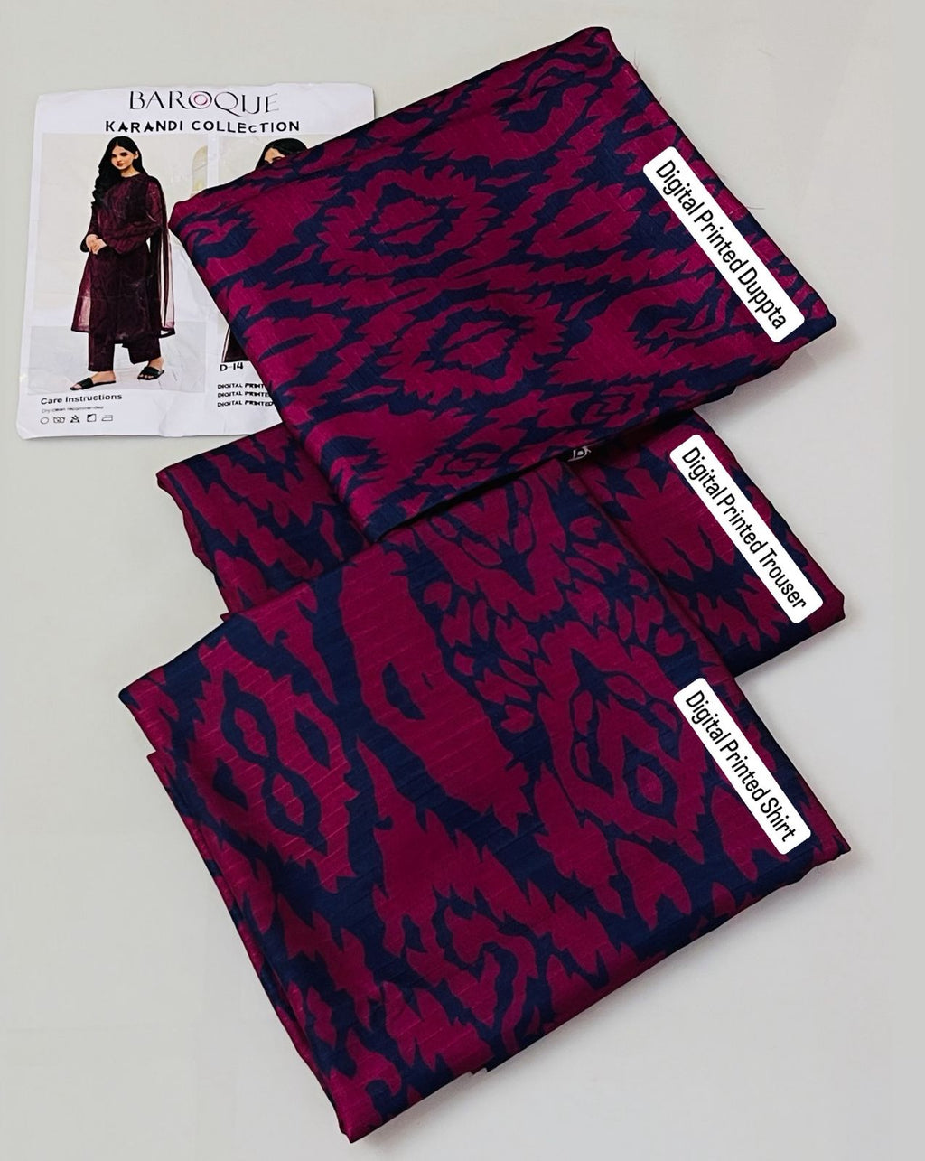 Baroque Bana Dori Karandi 2025 – Digital Printed Karandi 3Pc Suit with shirt, sleeves, trouser, and dupatta