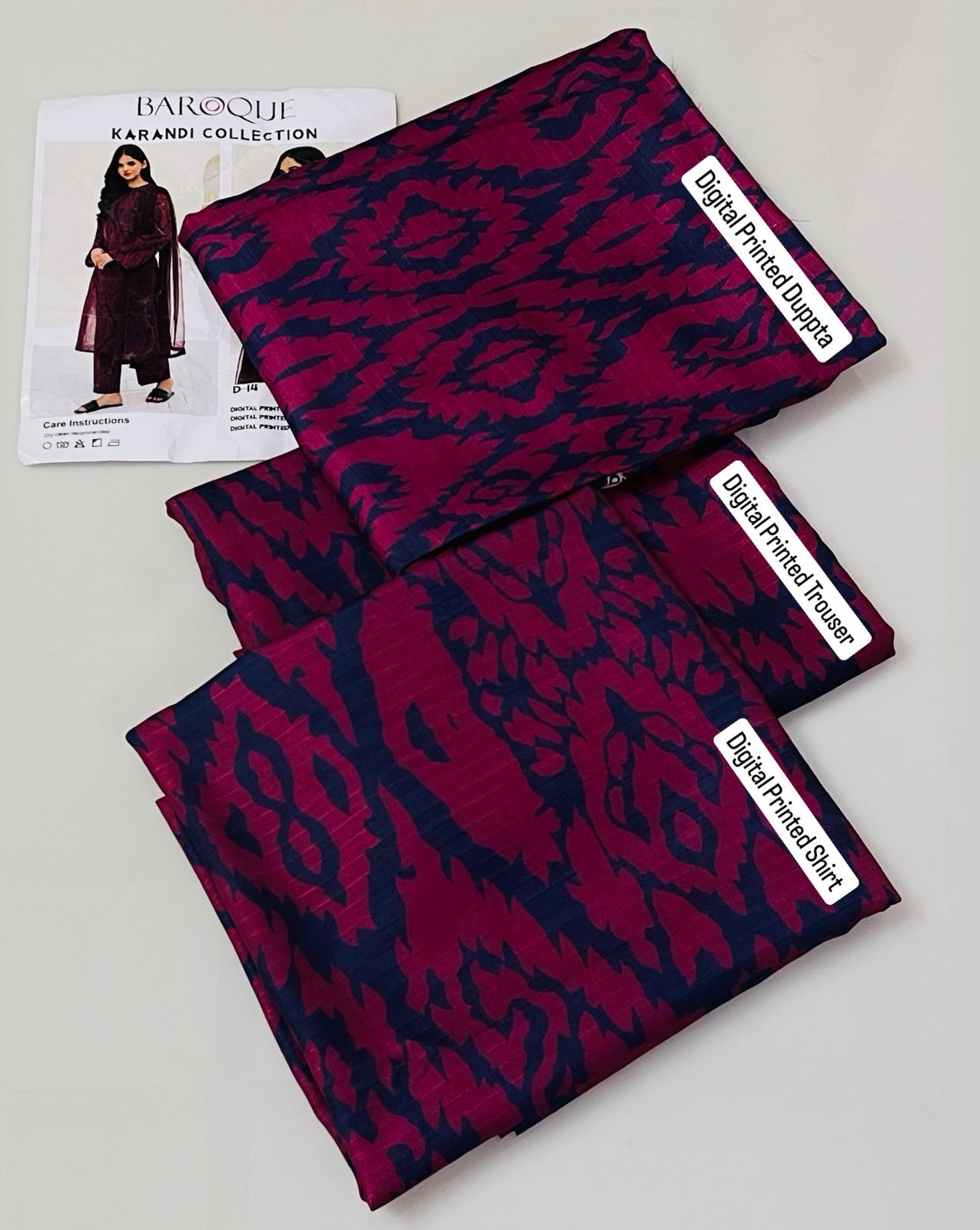 Baroque Bana Dori Karandi 2025 – Digital Printed Karandi 3Pc Suit with shirt, sleeves, trouser, and dupatta