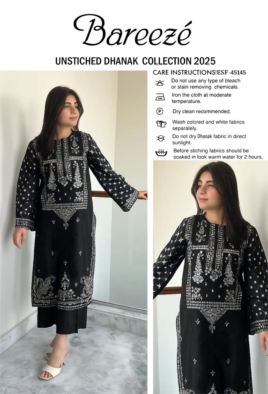 Bareeze Dhanak 2 Piece Unstitched Embroidered Suit – Front & Sleeves Embroidery with Plain Back & Trouser.
