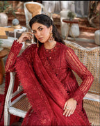 Akber Aslam embroidered net suit with Malai trouser, heavy sequence embroidery, handwork neckline, embroidered dupatta & borders.
