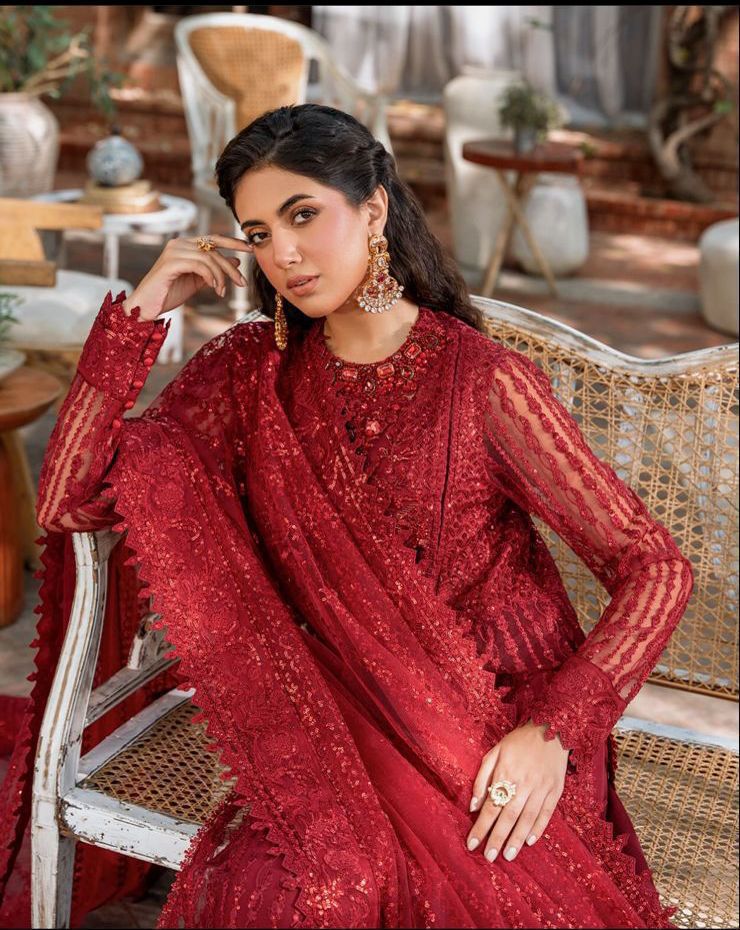 Akber Aslam embroidered net suit with Malai trouser, heavy sequence embroidery, handwork neckline, embroidered dupatta & borders.
