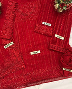 Akber Aslam embroidered net suit with Malai trouser, heavy sequence embroidery, handwork neckline, embroidered dupatta & borders.
