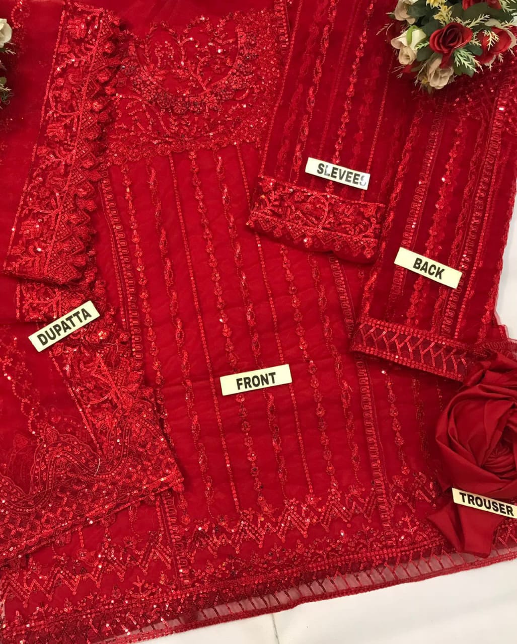 Akber Aslam embroidered net suit with Malai trouser, heavy sequence embroidery, handwork neckline, embroidered dupatta & borders.
