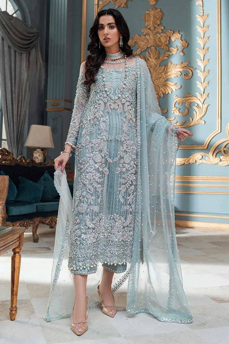 LAAM embroidered net suit with satin silk, sequence work, fancy tussles, embroidered dupatta & plain trouser.
