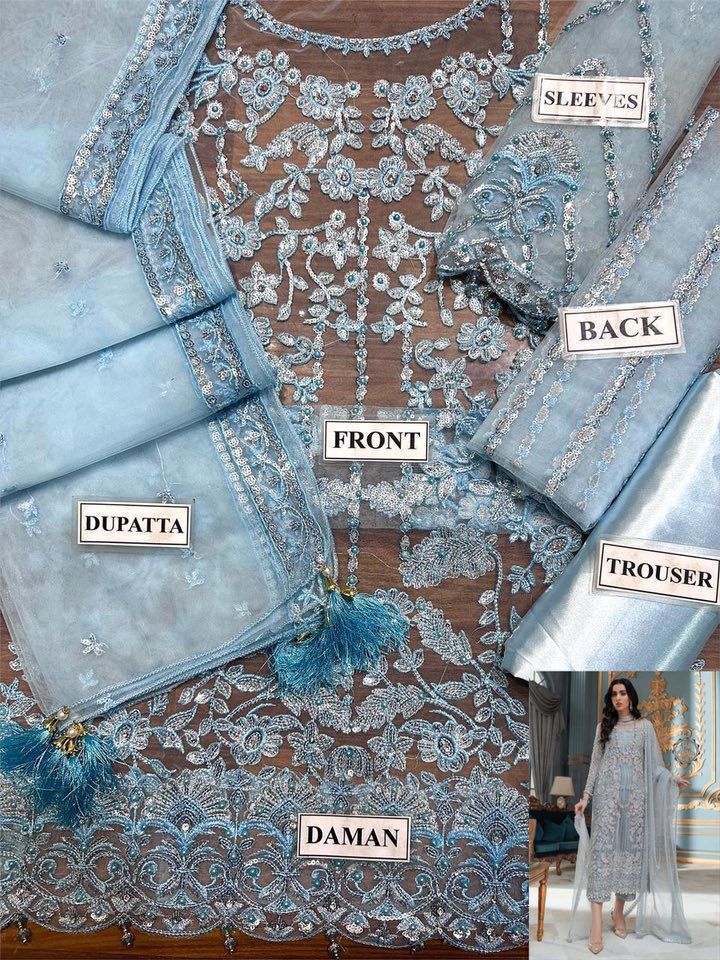 LAAM embroidered net suit with satin silk, sequence work, fancy tussles, embroidered dupatta & plain trouser.
