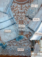 LAAM embroidered net suit with satin silk, sequence work, fancy tussles, embroidered dupatta & plain trouser.
