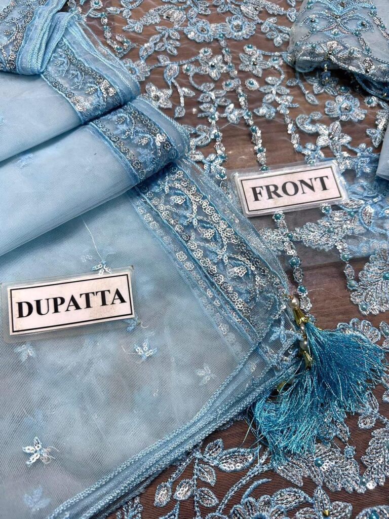 LAAM embroidered net suit with satin silk, sequence work, fancy tussles, embroidered dupatta & plain trouser.
